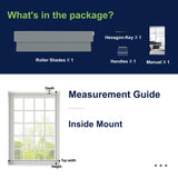 Berissa Classic No Drill Perfect Fit Without Light Leakage Cordless Roller Shades package contents and measurement guide.