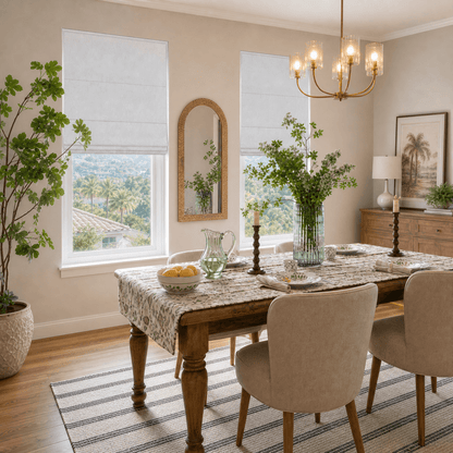 Berissa Ice Marble Texture Blackout No Tool Roman Shades elegantly adorn a modern dining space with soft, textured style.