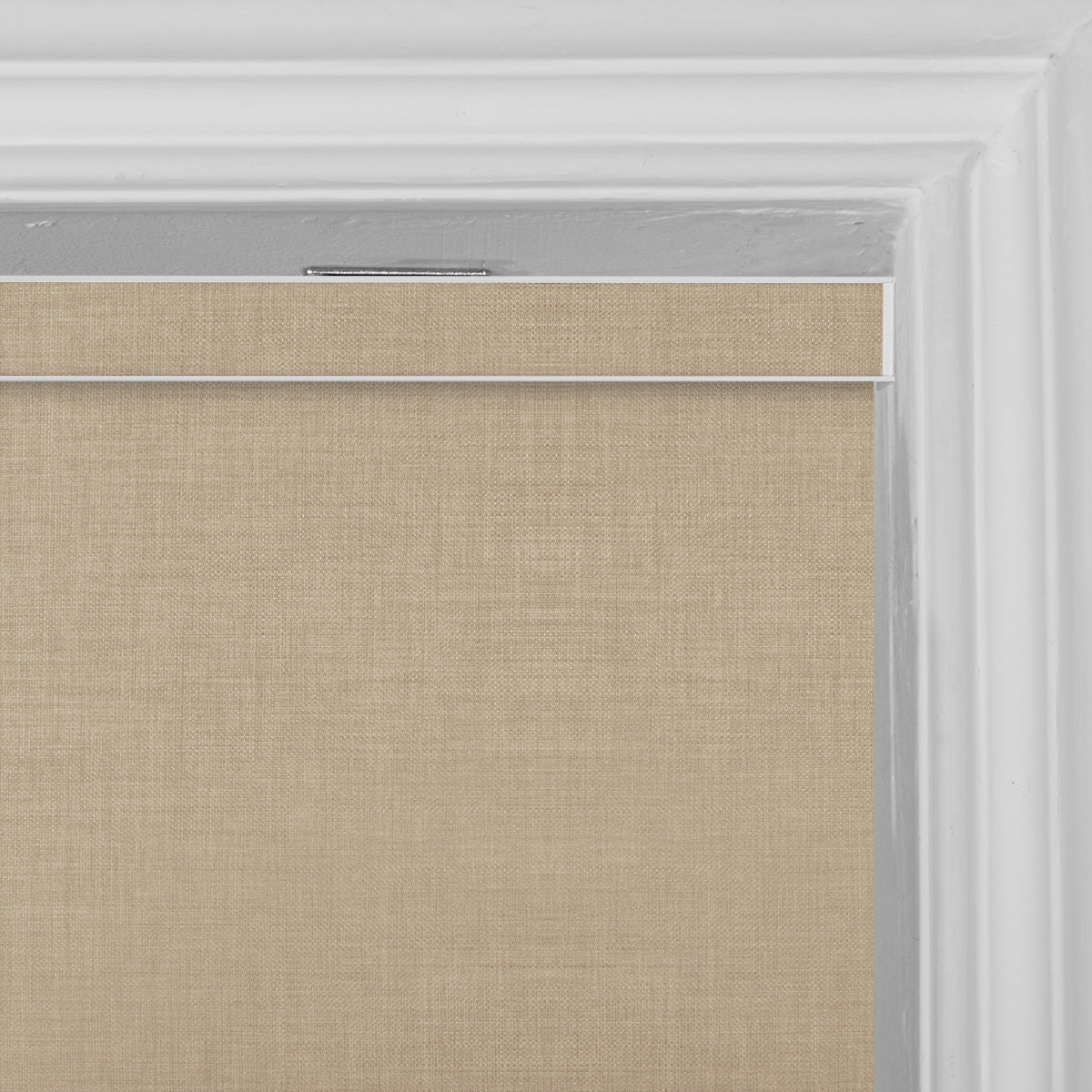 Berissa Square Shell Imitation Linen Blackout Cordless Roller Shades in a neutral tone with sleek cassette cover.