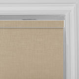 Berissa Square Shell Imitation Linen Blackout Cordless Roller Shades in a neutral tone with sleek cassette cover.