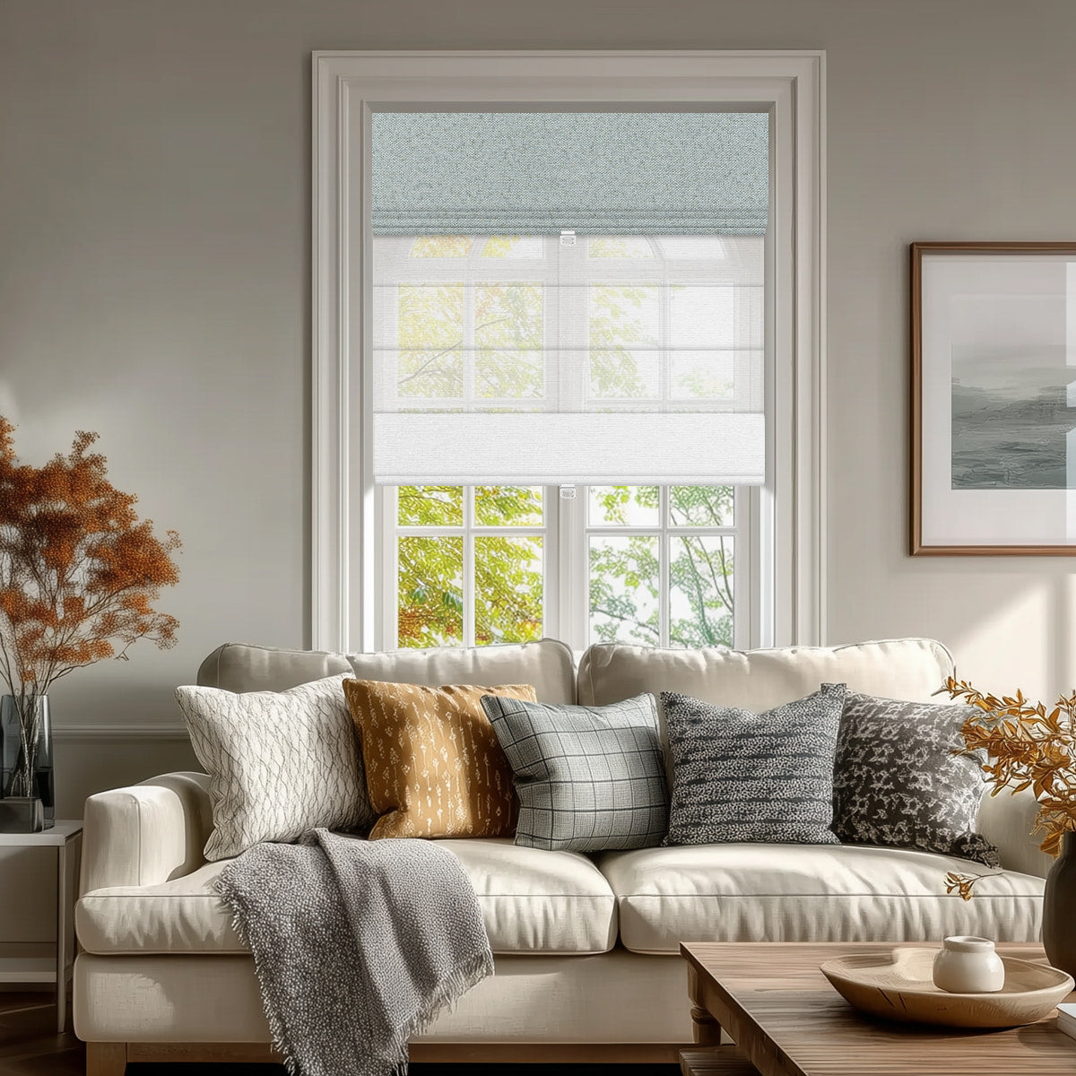 Beeissa Cordless Double Shades Blackout and Semi View White Day Night Roman Shades in a cozy living room setting.