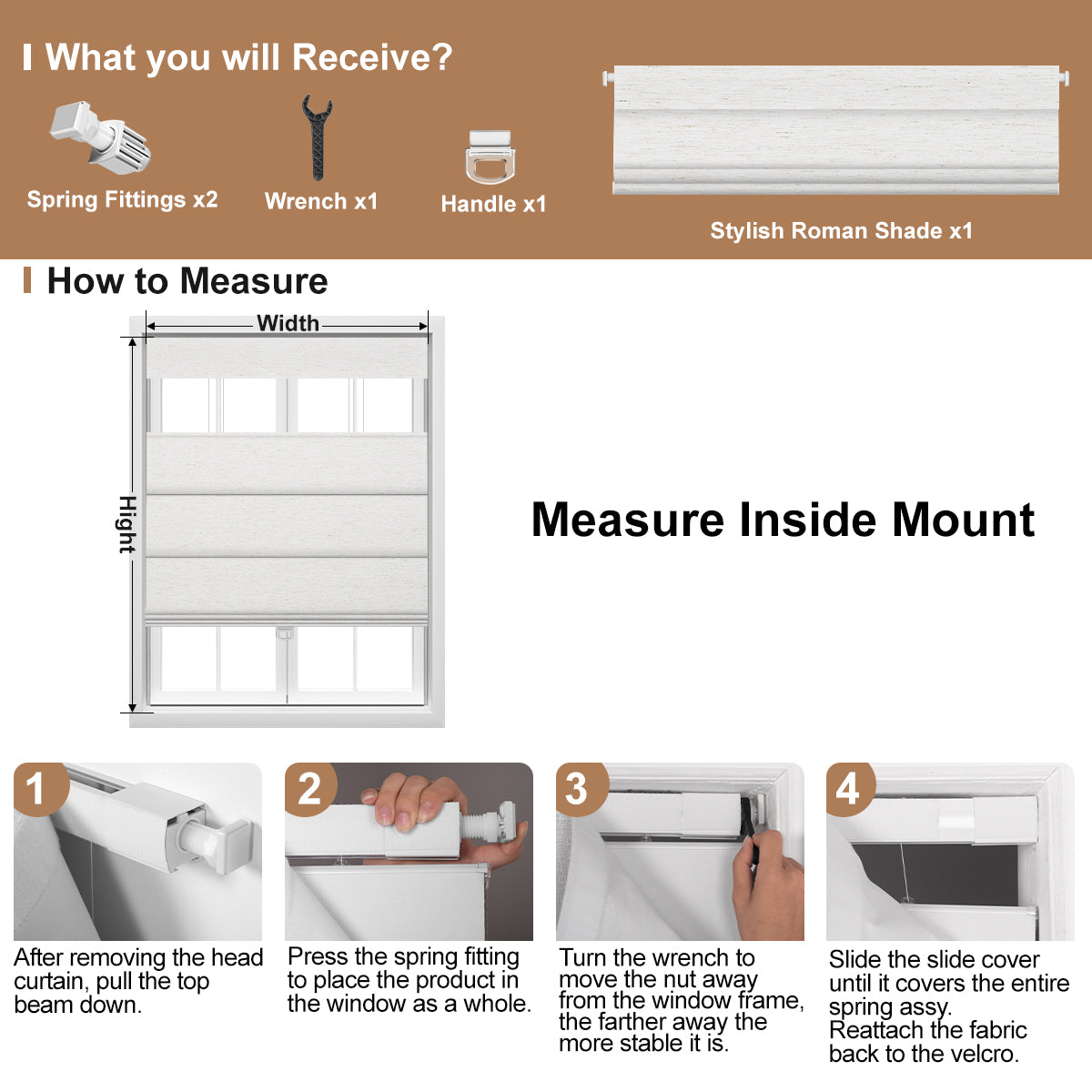Berissa Classic Obscura Linen Blackout Linen No Drill Roman Shades measuring guide with installation items.