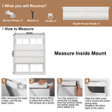 Berissa Classic Obscura Linen Blackout Linen No Drill Roman Shades measuring guide with installation items.