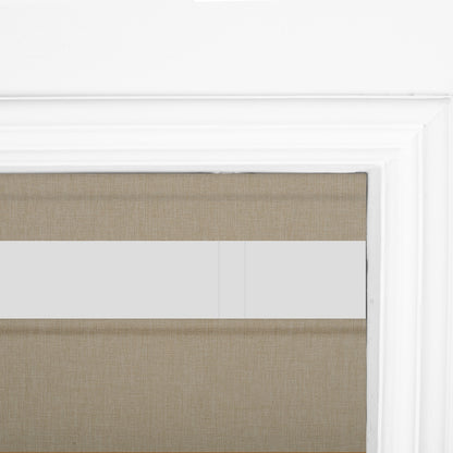 Berissa Motorized Top Down Bottom Up Custom Blackout Roman Shades in elegant beige fabric setting within a white window frame.