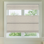Berissa Ivory Lines Blackout Top Down Bottom Up Roman Shades showcasing elegant ivory stripe pattern in a bright room.