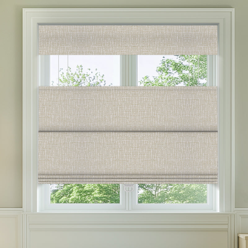 Berissa Ivory Lines Blackout Top Down Bottom Up Roman Shades showcasing elegant ivory stripe pattern in a bright room.