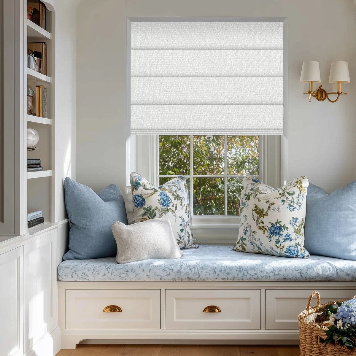 Berissa Custom Textured Blackout No Drill Quick installation Roman Shades in a cozy window nook with decorative pillows.