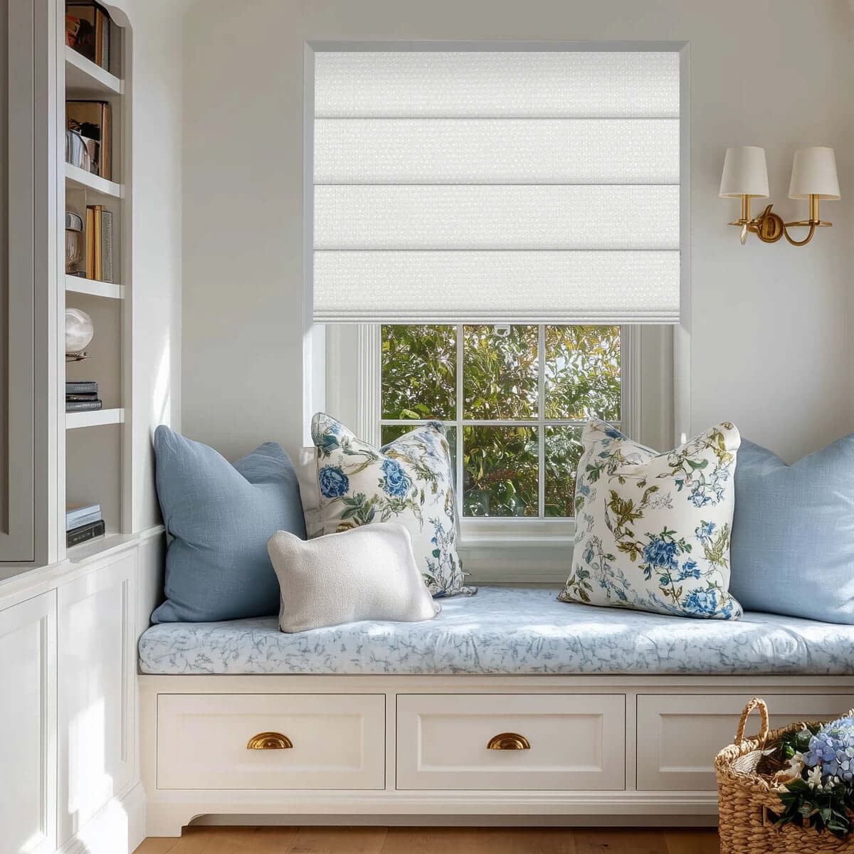 Berissa Custom Textured Blackout No Drill Quick installation Roman Shades in a cozy window nook with decorative pillows.