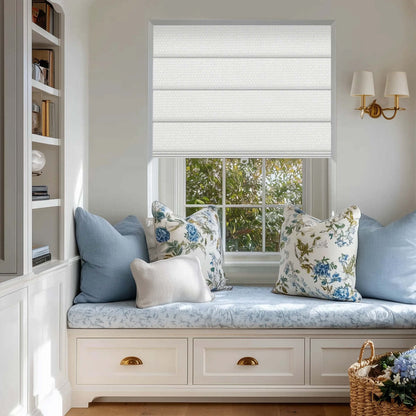 Berissa Custom Textured Blackout No Drill Quick installation Roman Shades in a cozy window nook with decorative pillows.