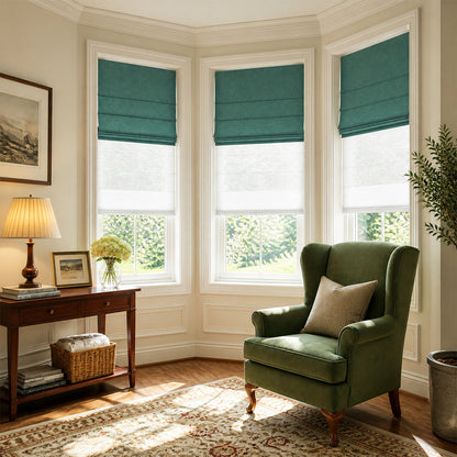 Berissa Vintage Blackout Green No Drill Double Shades Roman Shades