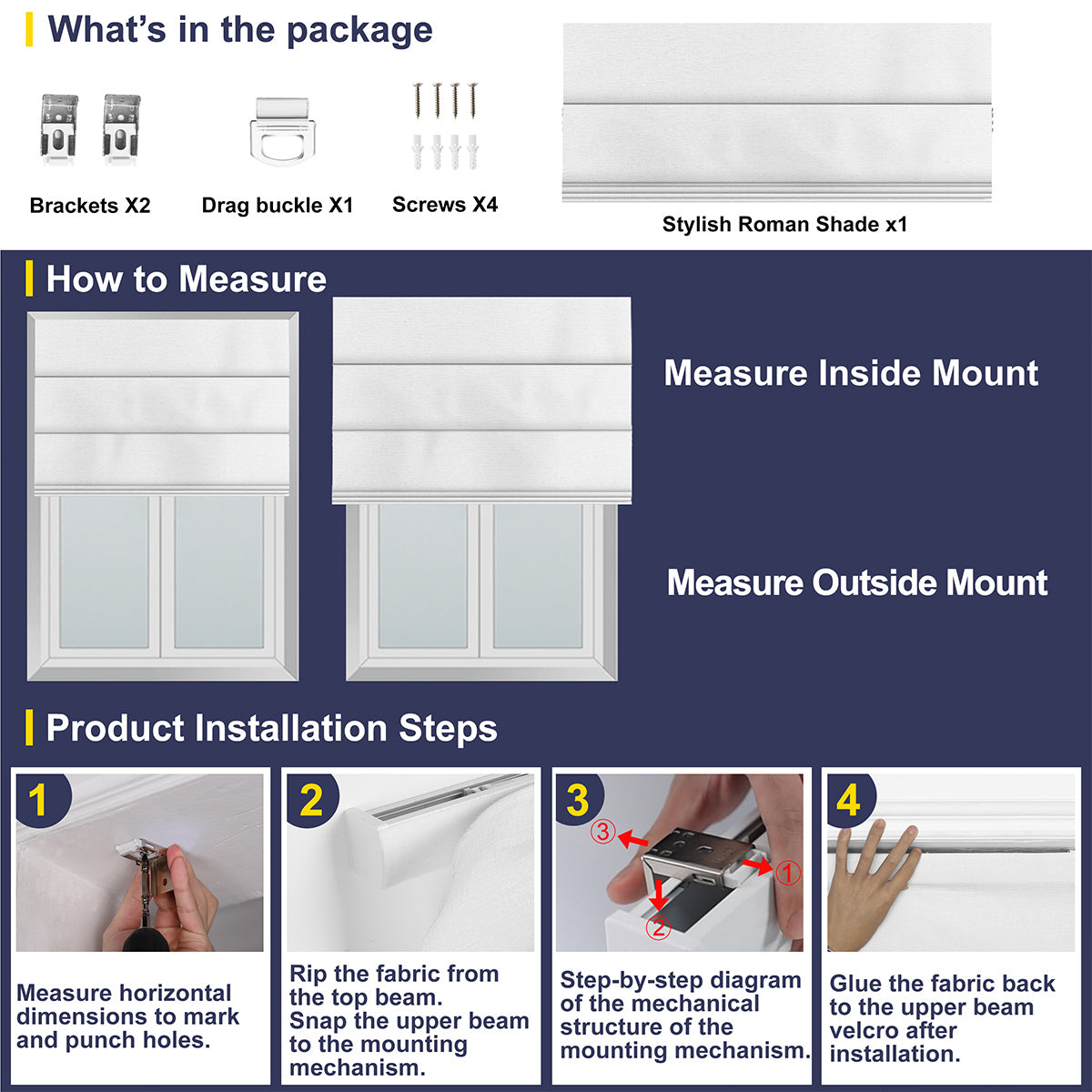 Berissa Custom Flat Fold Roman Shade Cordless installation guide and measuring instructions.
