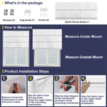 Berissa Custom Flat Fold Roman Shade Cordless installation guide and measuring instructions.