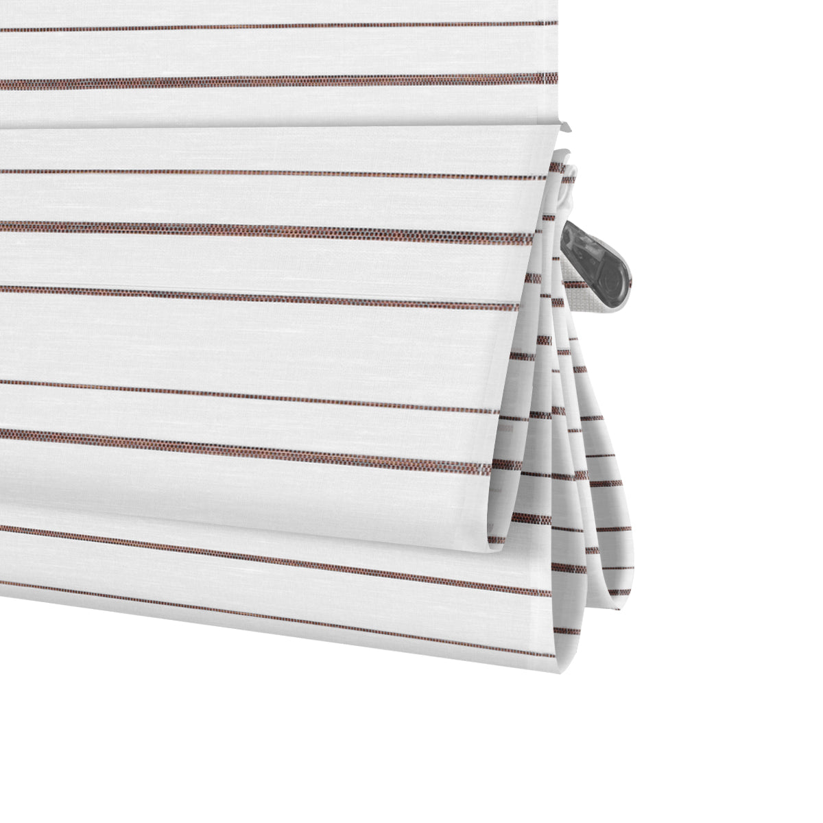 Berissa Canvas with Walnut Stripes Roman Shades showcasing elegant walnut-toned stripes on soft canvas.