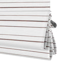 Berissa Canvas with Walnut Stripes Roman Shades showcasing elegant walnut-toned stripes on soft canvas.