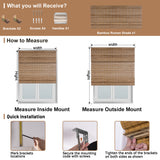 Berissa Cordless Warm Light Filtering Handcrafted Texture Bamboo Shades installation guide with measuring tips.