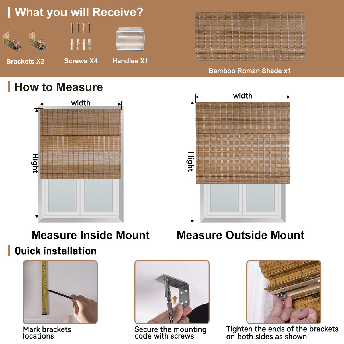 Berissa Cordless Warm Light Filtering Handcrafted Texture Bamboo Shades installation guide with measuring tips.