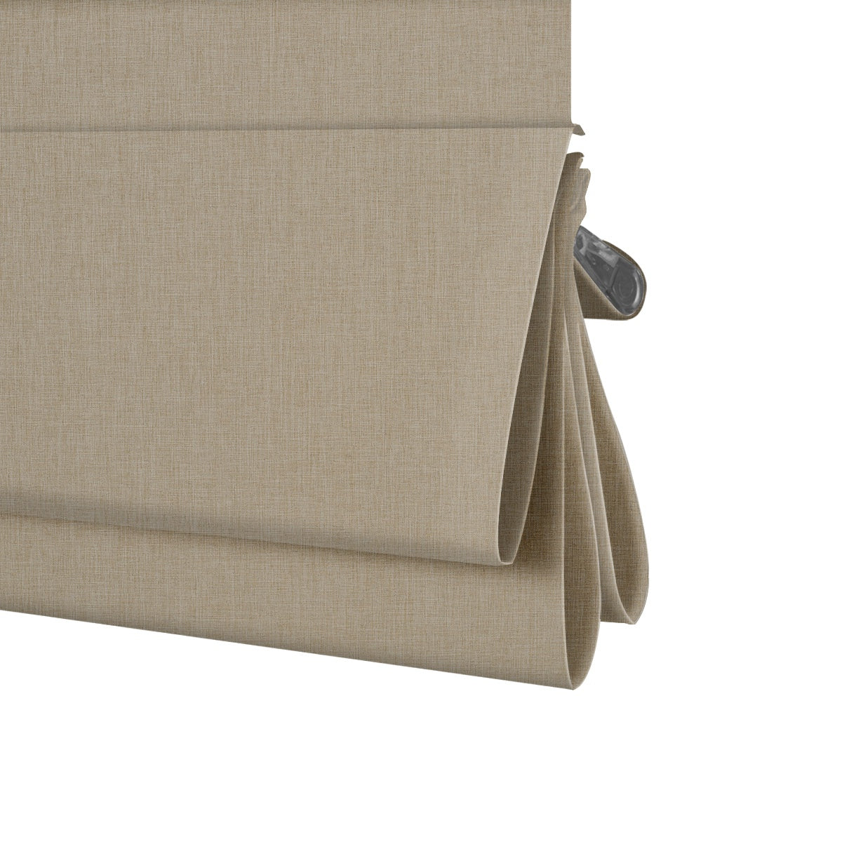 Berissa Motorized Top Down Bottom Up Custom Blackout Roman Shades in textured fabric detail.