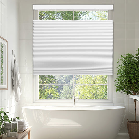 Berissa Classic Top Down Bottom Up Cellular Shades in a modern bathroom setting with a view.