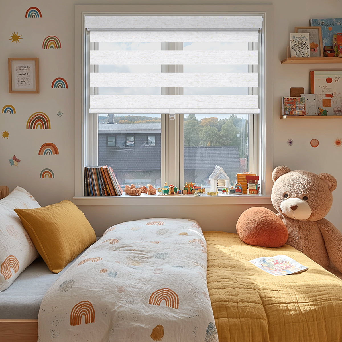 Berissa Day Night No Drill Zebra Duo Roller Blind in a cozy children's bedroom with soft decor.