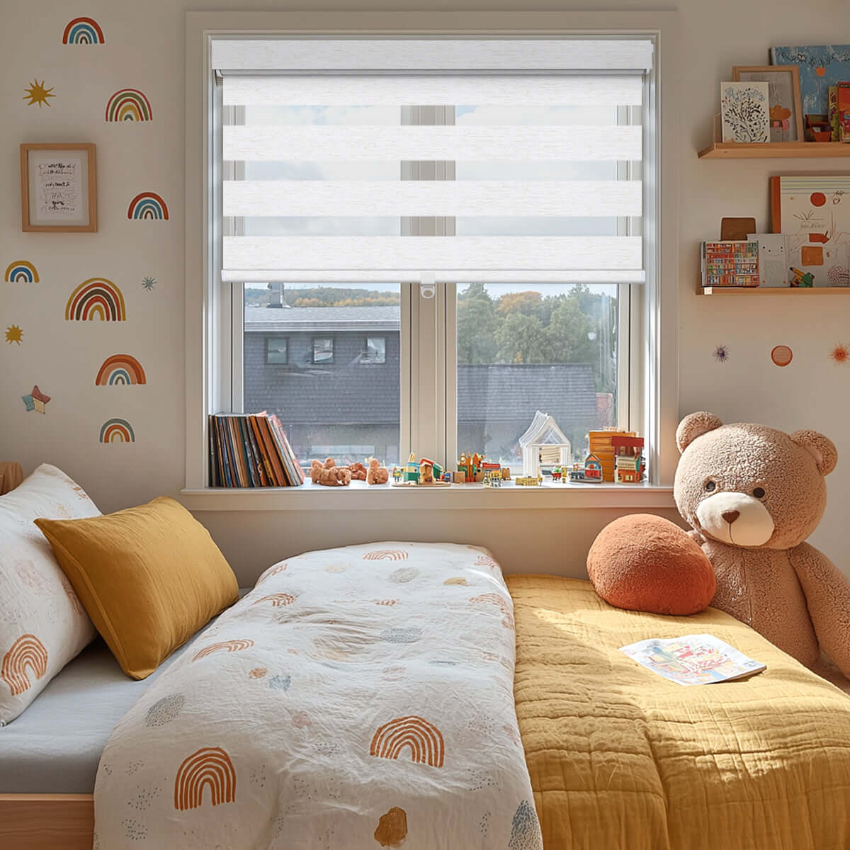 Berissa Day Night No Drill Zebra Duo Roller Blind in a cozy children's bedroom with soft decor.