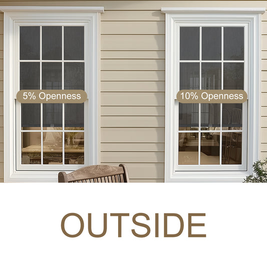 Outside view of windows showcasing Berissa Spring System Cordless Roller Shades with 5% and 10% openness options.