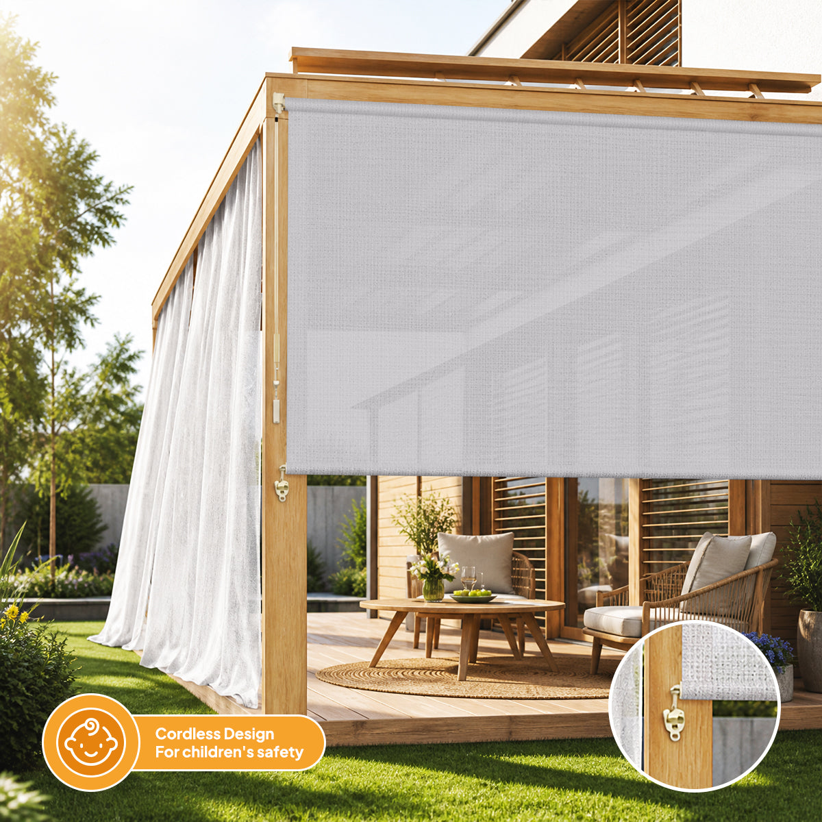 Berissa Custom Outdoor Cordless See-through Solar Fabric Roller Shade
