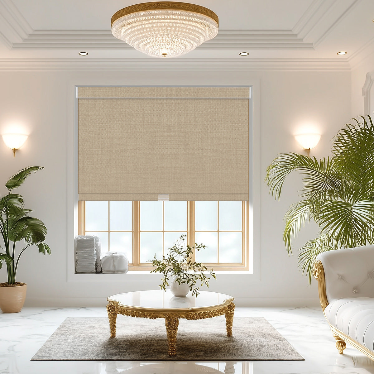 Berissa Square Shell Imitation Linen Blackout Cordless Roller Shades in a modern living room setting with elegant decor.