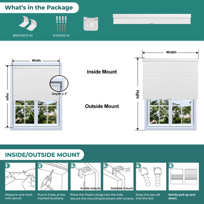 Berissa 1.5 Inch Heat Insulated Cellular Blinds installation guide showing inside and outside mount options.