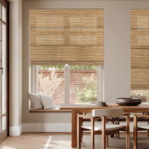 Berissa Light Filtering Horizontal Log Cordless Roman Shades in a modern living space with natural wood accents.