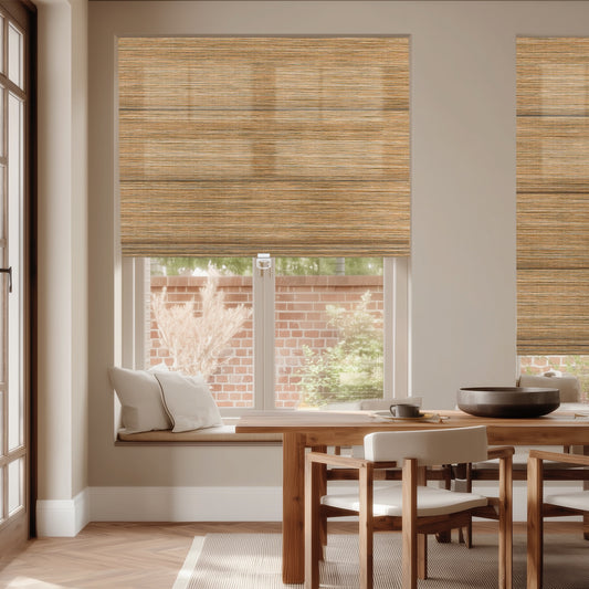 Berissa Light Filtering Horizontal Log Cordless Roman Shades in a modern living space with natural wood accents.