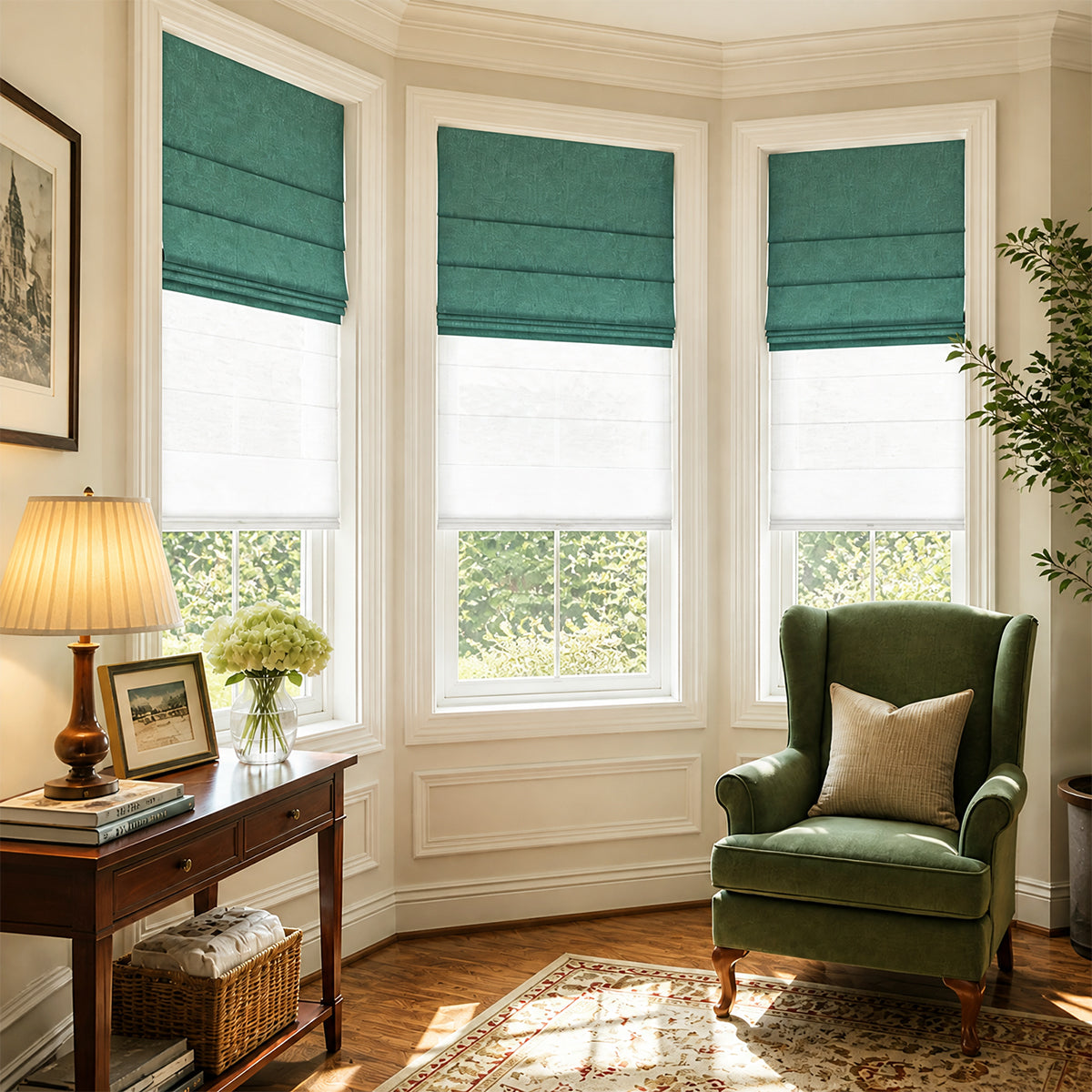 Berissa Vintage Blackout Green No Drill Double Shades Roman Shades