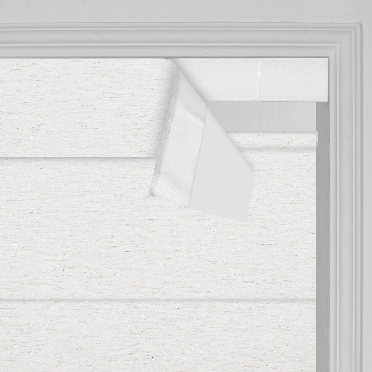 Berissa Classic Obscura Linen Blackout Linen No Drill Roman Shades close-up view showing smooth linen texture.