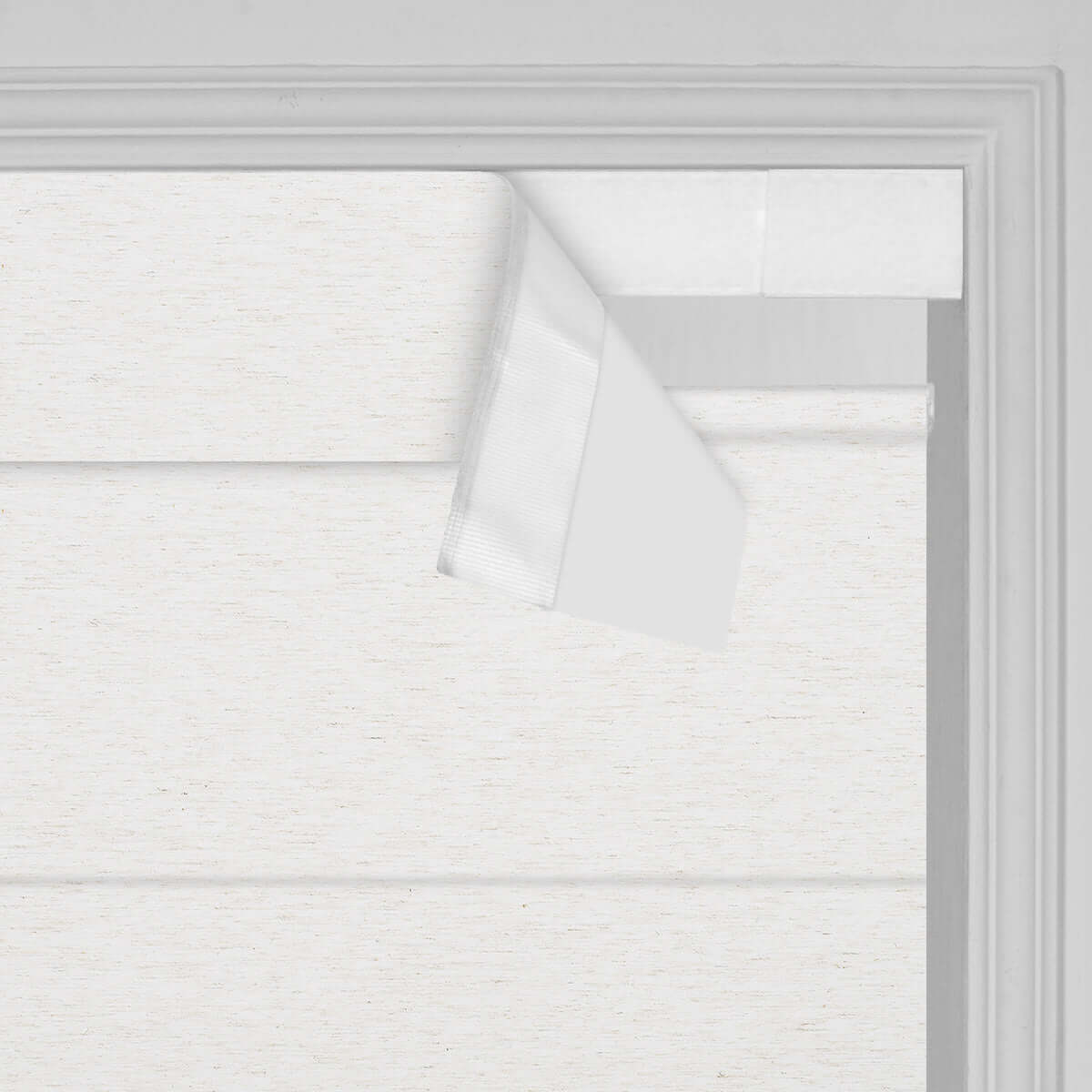 Berissa Classic Obscura Linen Blackout Linen No Drill Roman Shades close-up view showing smooth linen texture.