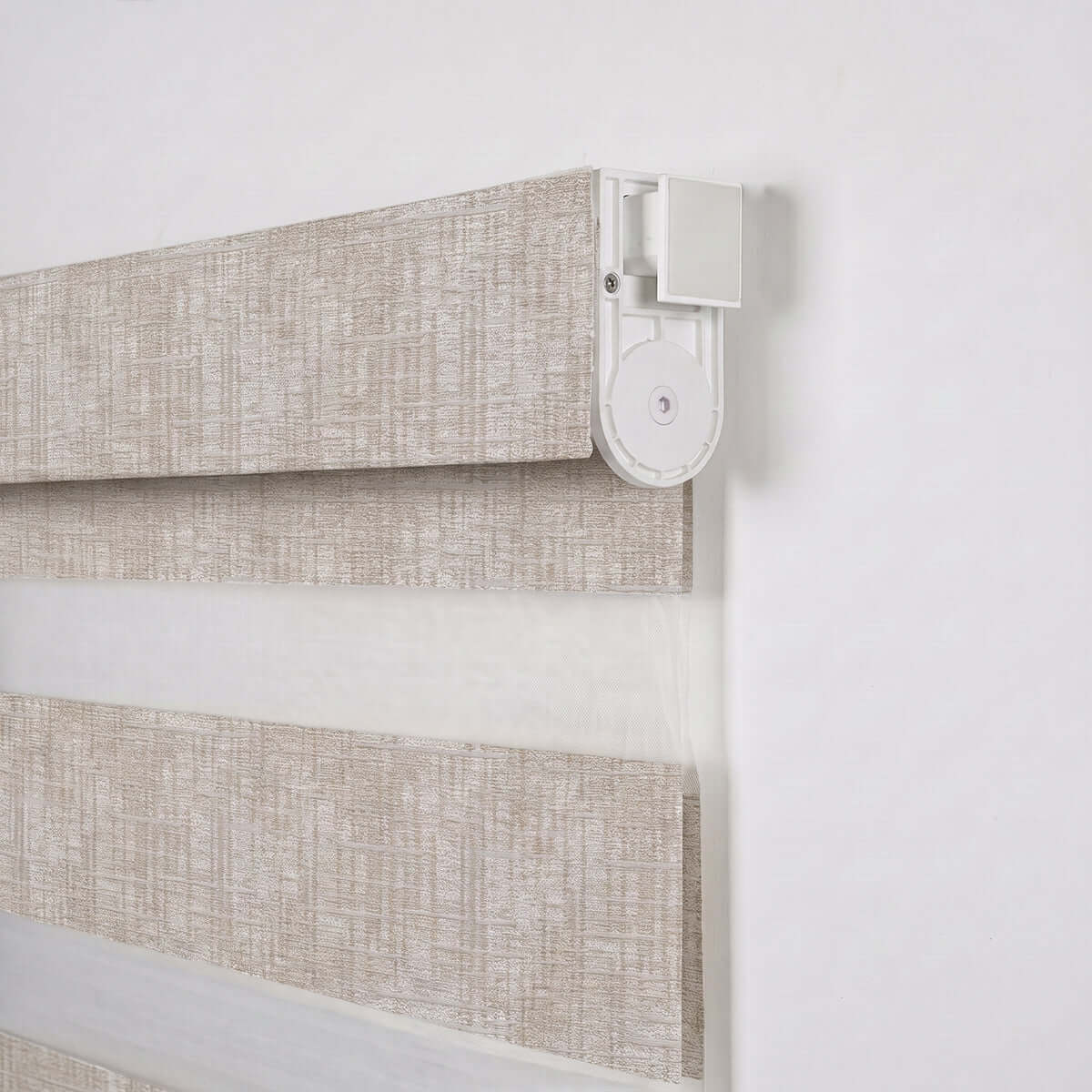 Berissa Custom No Drill Zebra Day Night Dual Roller Blind showcasing textured fabric and innovative mechanism