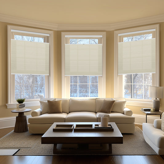 Berissa Shallow Depth Fit Cordless Top Down Bottom Up Cellular Shades in a stylish living room with windows.
