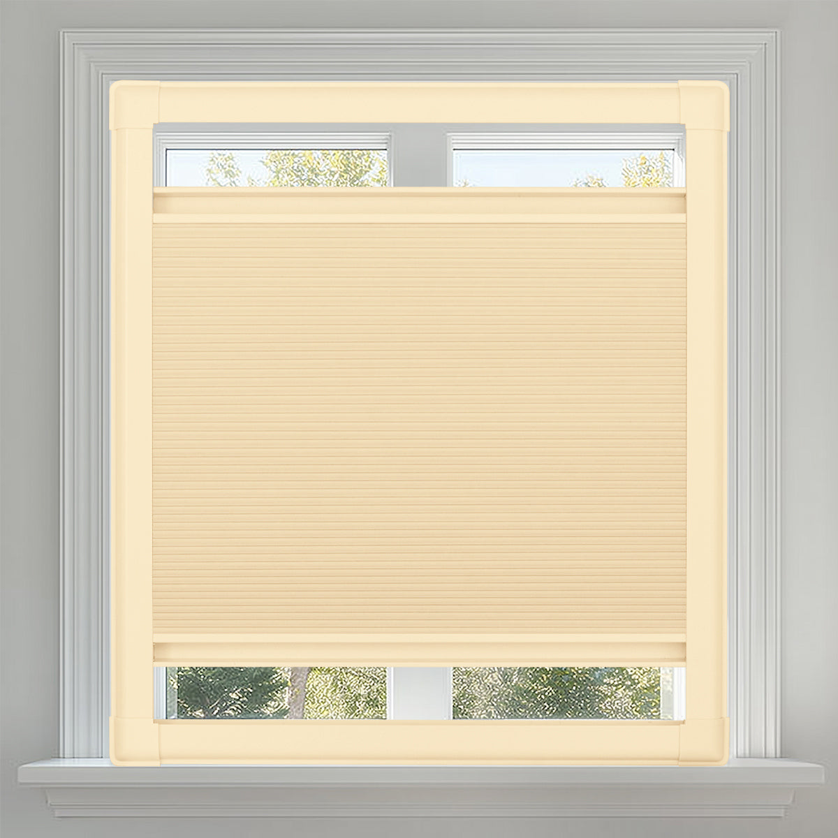Berissa No Drill Honeycomb Blinds Perfect Fit Frame Sun Shades displayed in a bright window setting.