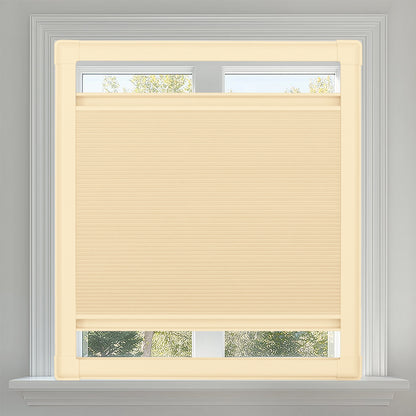 Berissa No Drill Honeycomb Blinds Perfect Fit Frame Sun Shades displayed in a bright window setting.