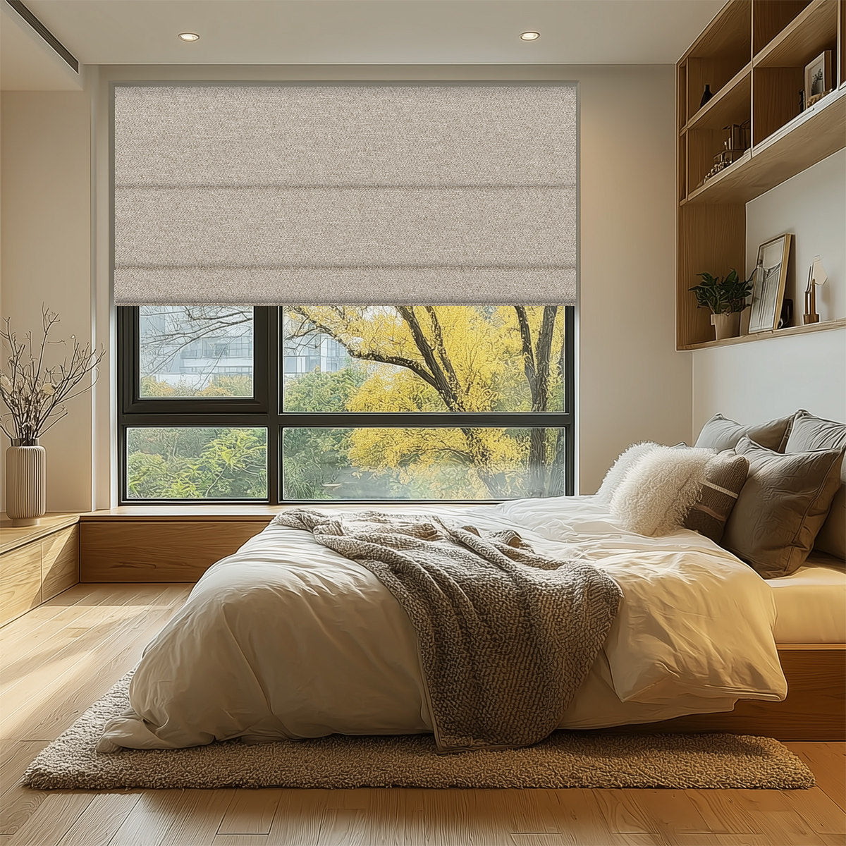 Berissa Crafted Folds Mini Roman Shades No Drill Easy to Install in modern bedroom decor.