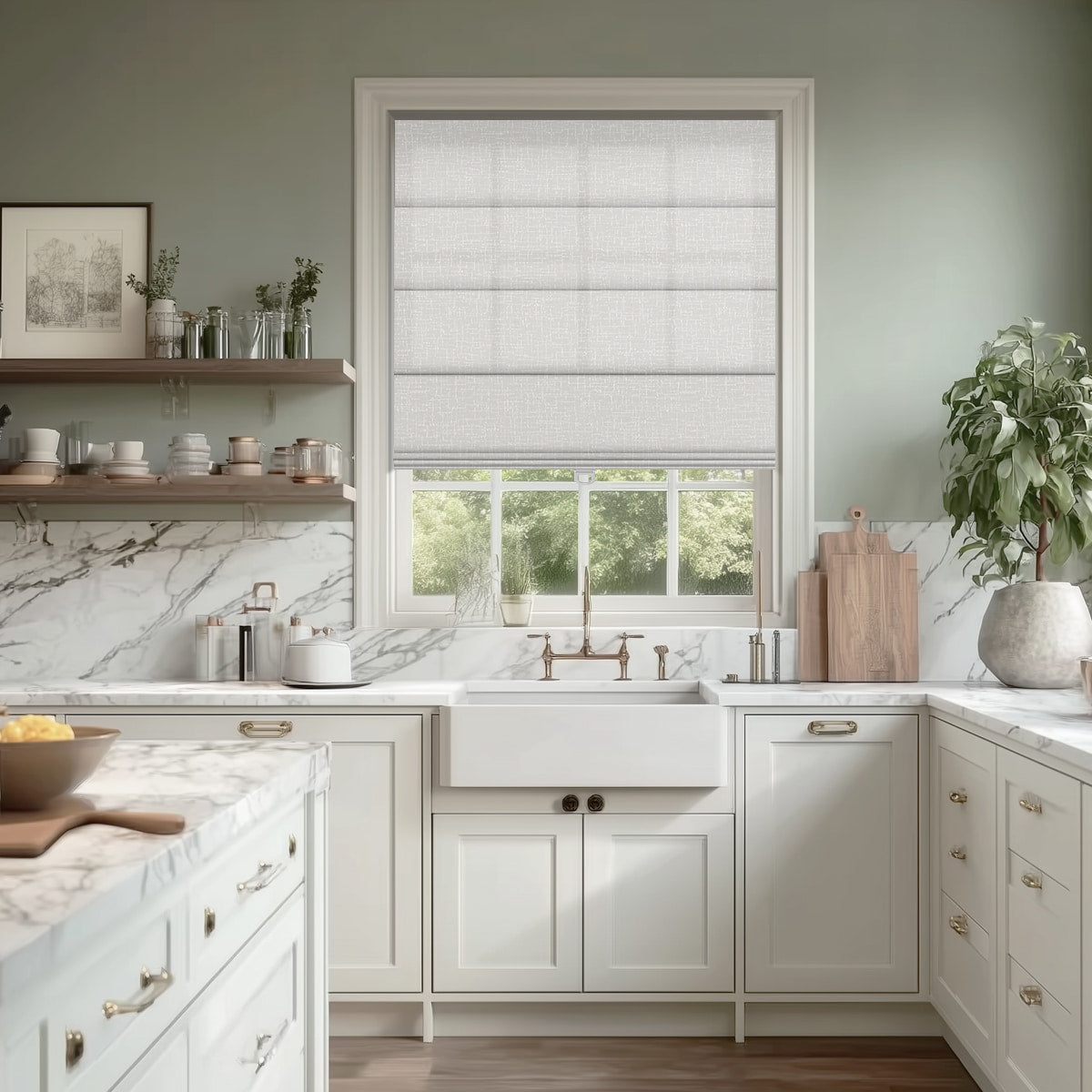 Berissa Timeless Light Filtering Checkered No Drill Roman Shades in a stylish kitchen setting