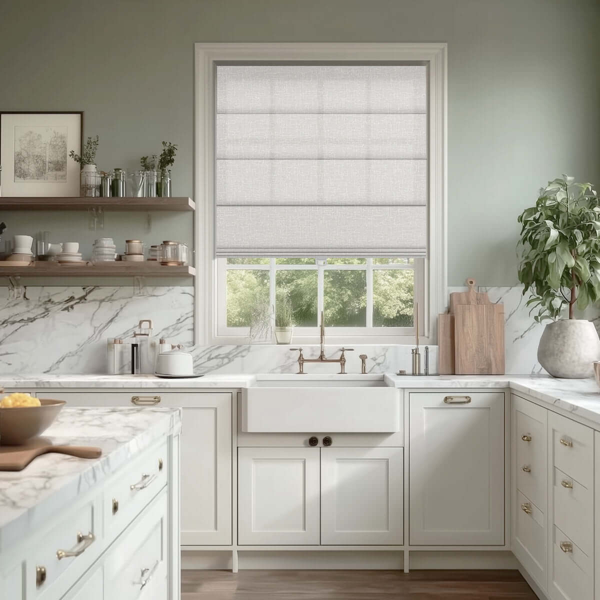 Berissa Timeless Light Filtering Checkered No Drill Roman Shades in a stylish kitchen setting