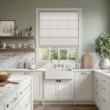 Berissa Timeless Light Filtering Checkered No Drill Roman Shades in a stylish kitchen setting