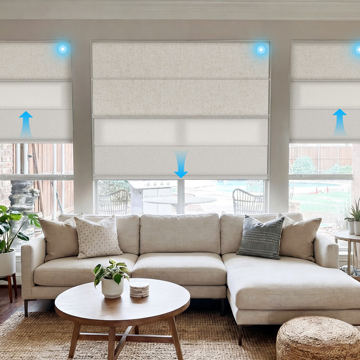 Berissa Custom Blackout and Light Filtering Splicing Motorized Remote Roman Shades in a stylish living room setting.