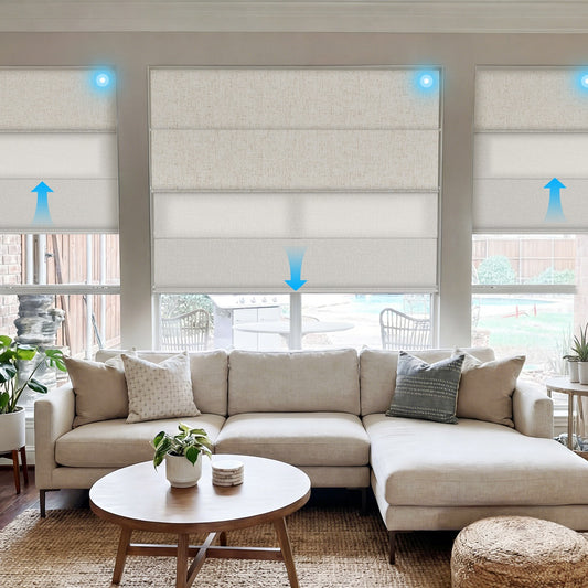 Berissa Custom Blackout and Light Filtering Splicing Motorized Remote Roman Shades