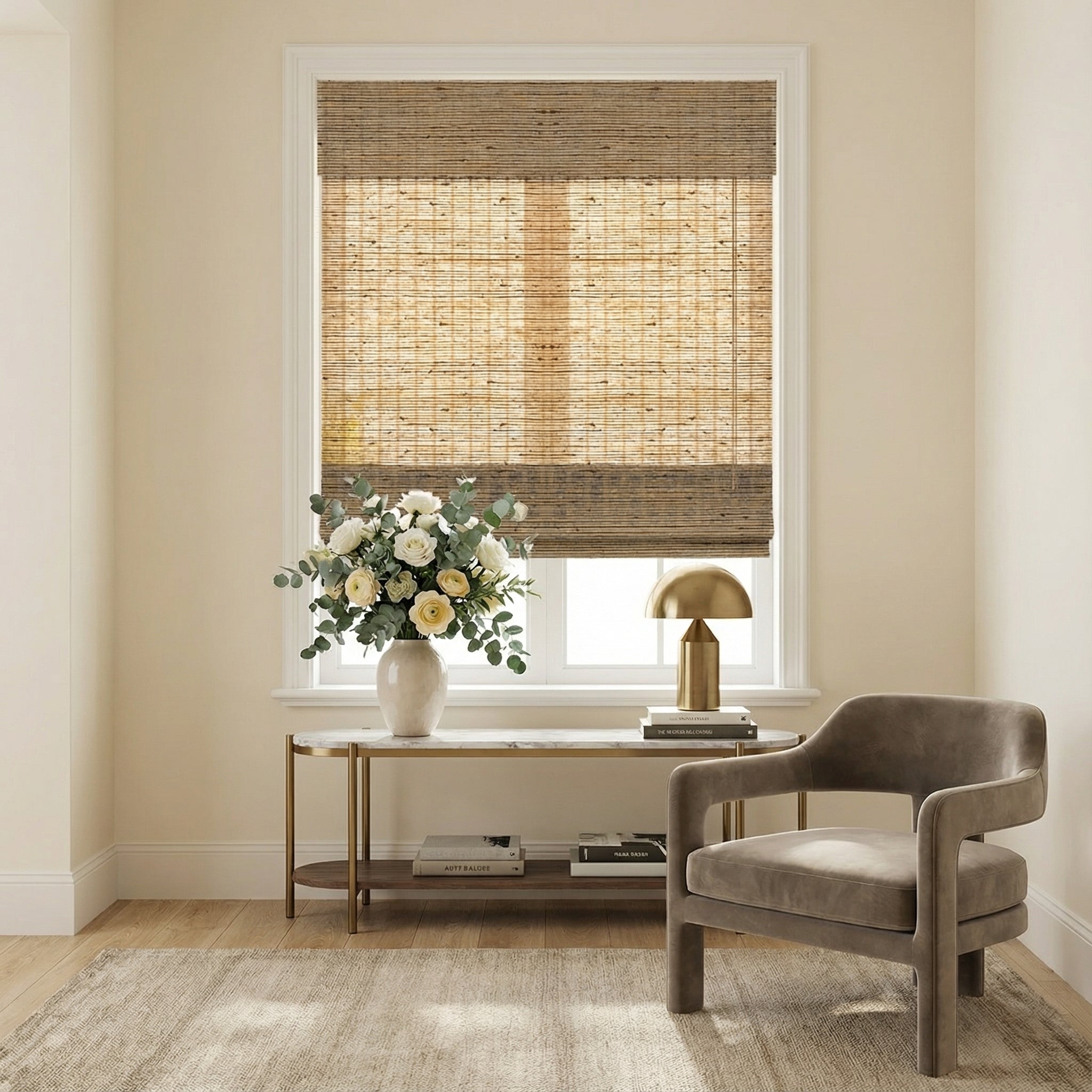 Berissa Elegant Privacy With Breathable Light Control Premium Grasscloth Window Shades in a stylish living room setting.