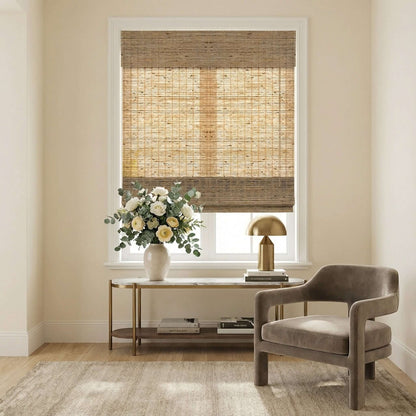 Berissa Elegant Privacy With Breathable Light Control Premium Grasscloth Window Shades in a stylish living room setting.