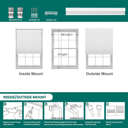 Installation guide for Berissa Cordless Extra Wide Blackout Honeycomb Cellular Shades showing inside and outside mount options.