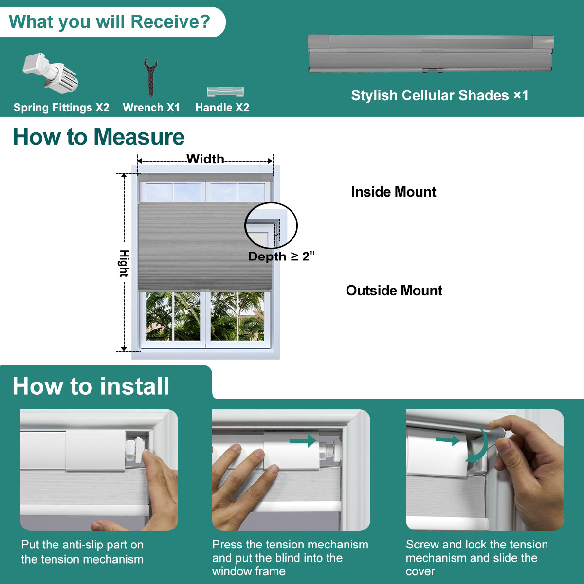 Instructions for measuring and installing Berissa No Drill Top Down Bottom Up Blackout Honeycomb Cellular Shades.