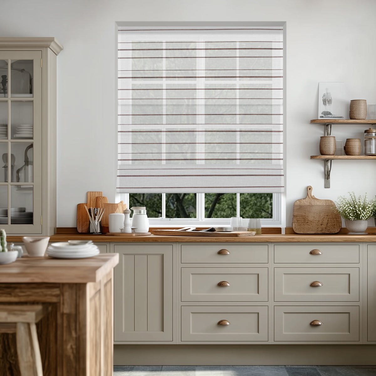 Berissa Canvas with Walnut Stripes Roman Shades in a stylish kitchen interior.