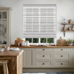Berissa Canvas with Walnut Stripes Roman Shades in a stylish kitchen interior.