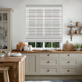 Berissa Canvas with Walnut Stripes Roman Shades in a stylish kitchen interior.